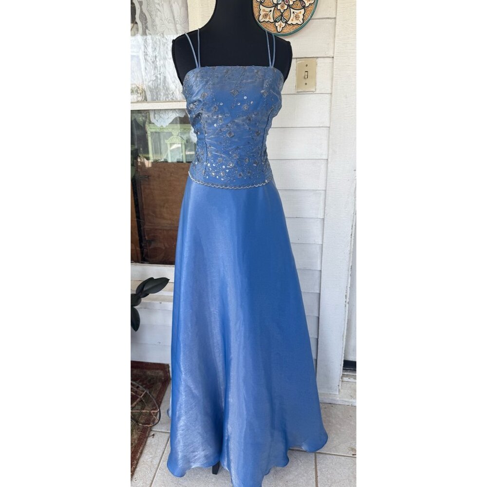Vintage 90's Formal Skirt Corset Top set Blue Silver Floral Embroidery Sz 10
